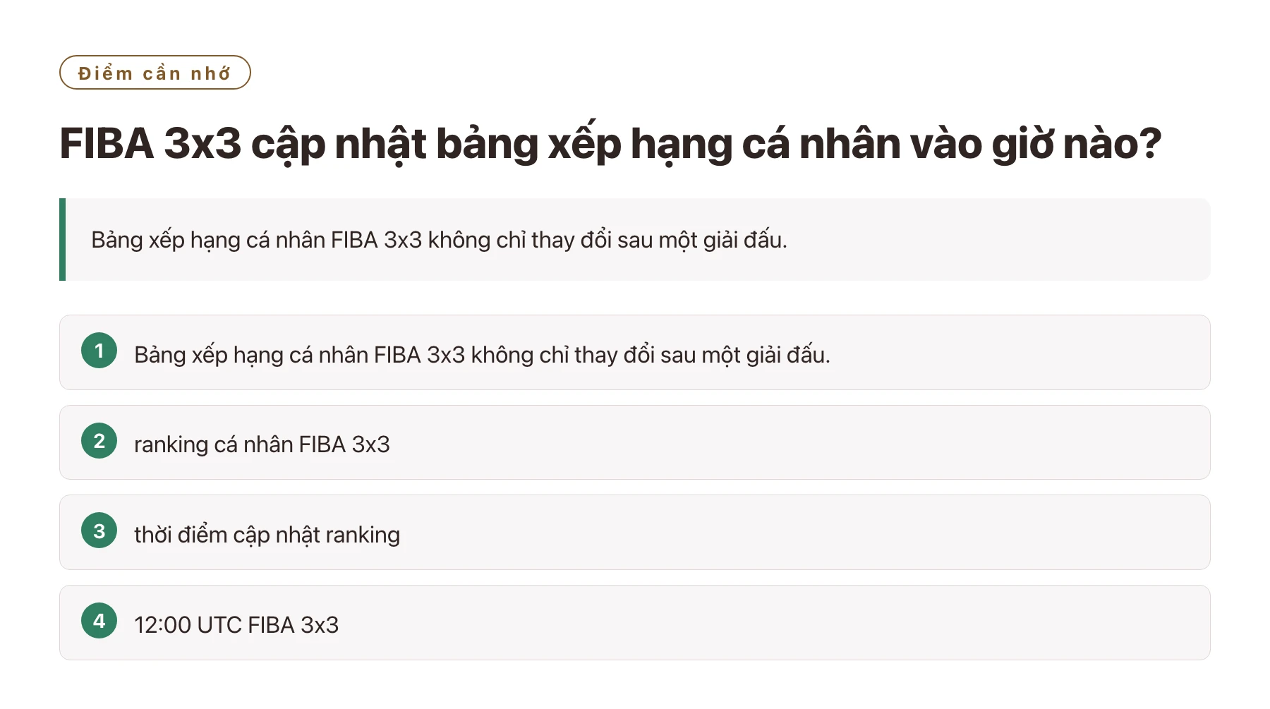 FIBA 3x3 cập nhật bảng xếp hạng cá nhân vào giờ nào?——全文要点速览