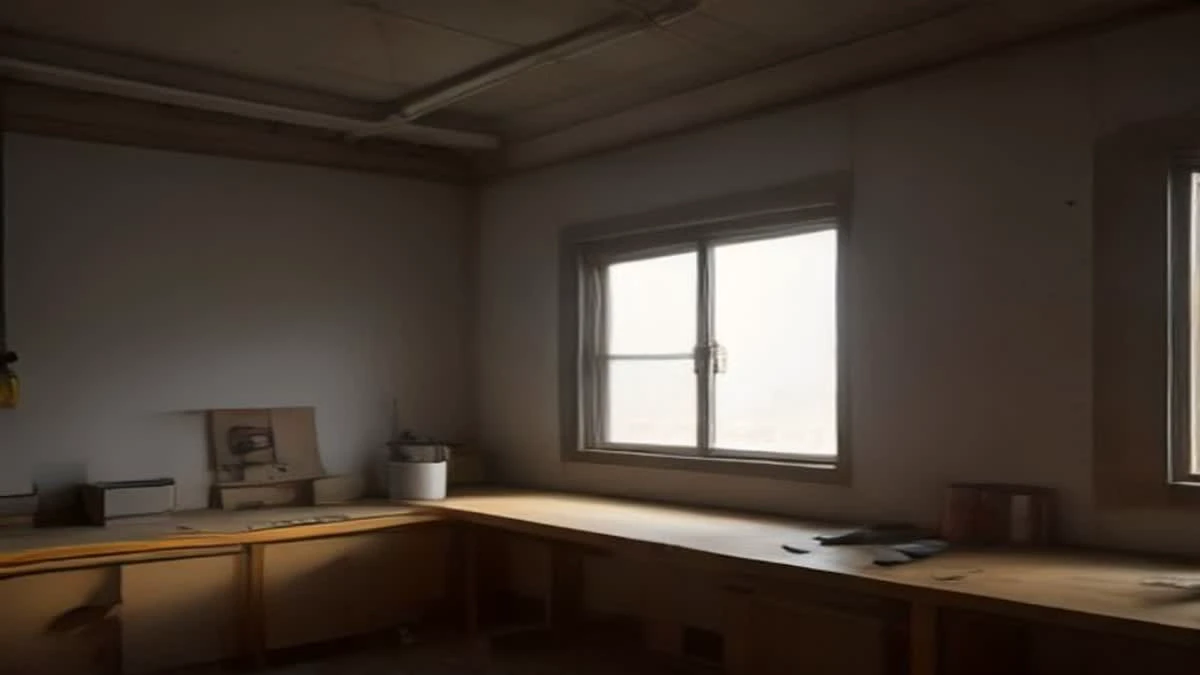 A mining rig on a shelf in a home workshop, daylight through a window and bright even light, viewed from slightly above